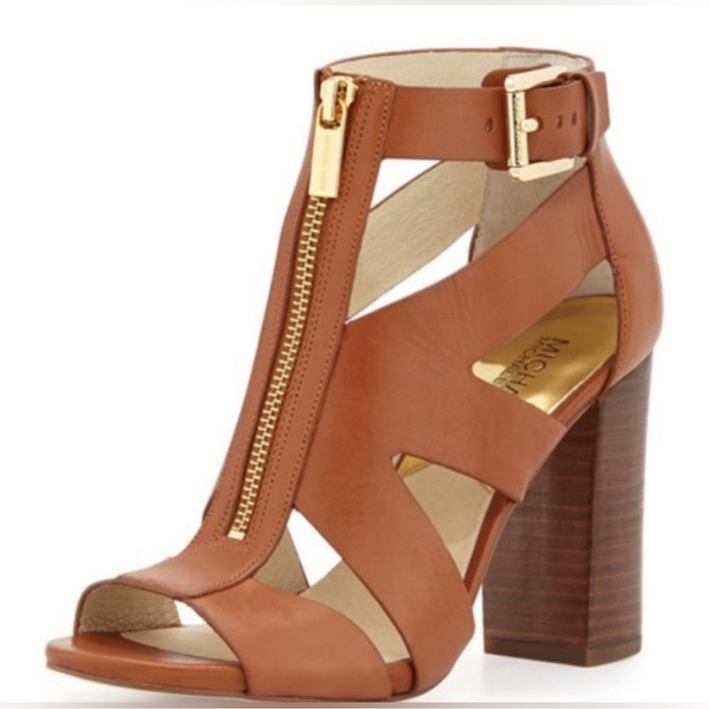 Michael Kors Tan Leather Block Heel Sandal with Gold Zip